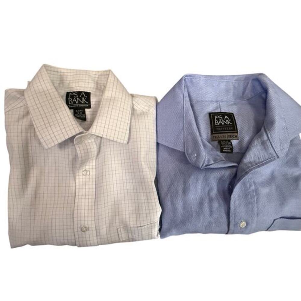 Lot of 2 Jos. A. Bank‎ Shirts Mens 15-33 Blue White Grid Slim Fit Career Office